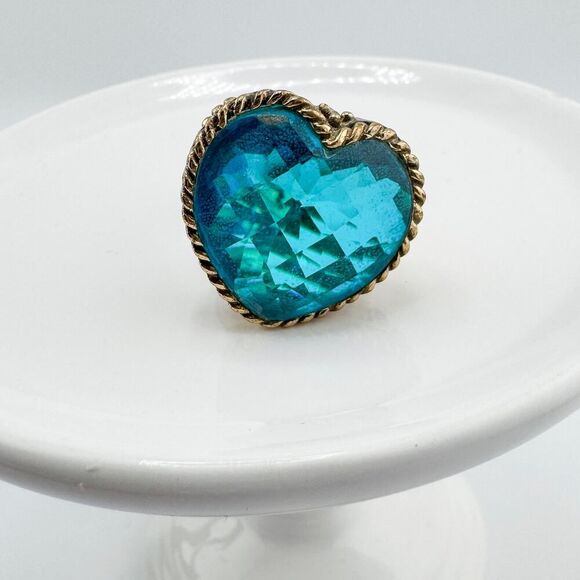 Vintage Sajen Bronze Filigree Heart Ring Dream Blue CZ Retro Glam Modern Chunky - Picture 6 of 14